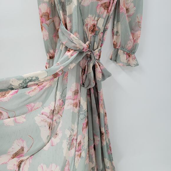 Express Wrap Dress Womens S/M Green Floral Watercolor Sheer Tiered Long Maxi - Picture 14 of 16
